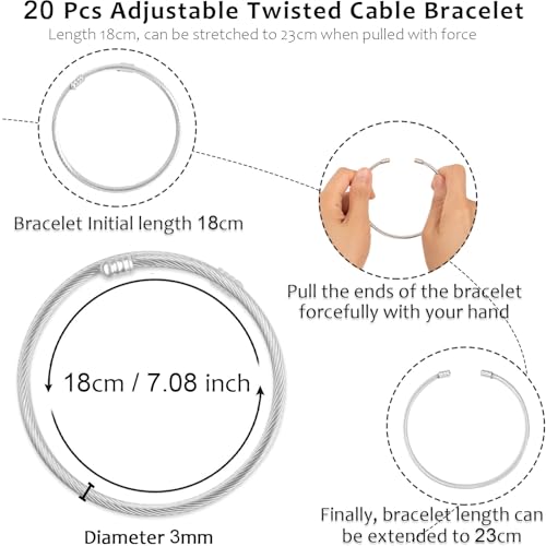 20 Pieces Twisted Cable Wire Bracelet Stylish Fine Stainless Steel Open Cuff Bracelets Mixed 3mm Thin Adjustable Expandable Elastic Bangle Bracelets for Women DIY Jewelry Making Christmas Day Gift - color: 20PCS Mixed Color Elastic Charm Bracelet