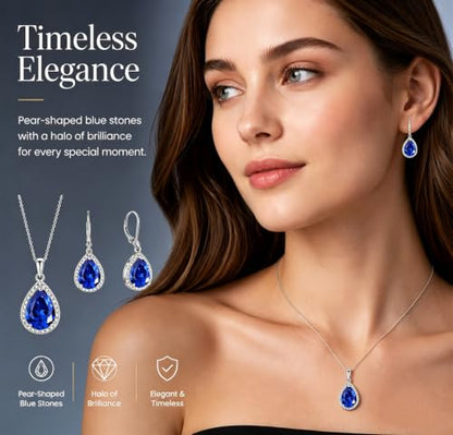 VONSSY Classic Oval Pendant Gemstone Necklace | Crystal Ruby Sapphire Waterdrop Birthstone Teardrop Emerald Necklace | 18K Platinum Gold Plated Chain | Jewelry Gift for Mother Wife Girlfriend - color: NL & ER - Sapphire