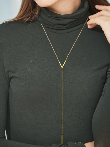 FOCALOOK Long Necklaces for Women, 14K Gold Plated Lariat Drop Bar Pendant | Hypoallergenic, 28"-30" Long Y-Shaped Chain, Layered Look, Minimalist Trendy Jewelry, Pairs Perfectly with V-Necklines - color: 02: V-Shape Gold