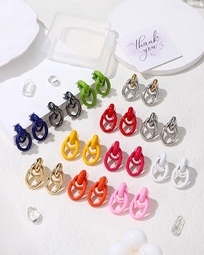 FIBO STEEL 1 Pair Clip On Earrings for Women Non Pierced Ears | Chunky Knot Link, Geometric Statement Colorful Dangle Clip Earrings, Trendy Jewelry Gift - color: Link Silver Plated