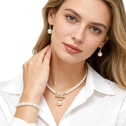 Cryshimmer Pearl Choker Necklace for Women Faux Pearl Beads Strand Necklace Earring Set Costume Jewelry,Gift for Wife Mother - color: Heart Toggle