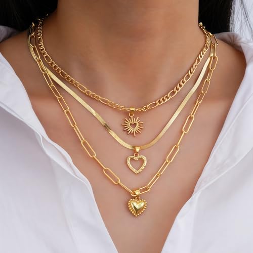 Layered Chain Necklace for Women，Pendant Stackable Jewelry,for Wedding, Party, Everyday Gifts - color: Chunky Puffy Heart Pendant Laying Necklace