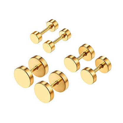 PROSTEEL Stainless Steel Huggie Hoop Earrings for Mens Gold/Black/Silver | Skull/Infinity Pattern, Spike/Cuban Links 4 Design Options Hypoallergenic Lightweight Earring Hip Hop Punk Gothic Jewelry - style: 10-Flat Stud-Gold(3 Pairs)