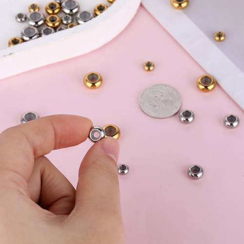 30Pcs Stainless Steel Stopper Beads for Charm Bracelets, Adjustable Slider Beads Spacer Beads Metal Loose Beads Gold and Silver 6/8/10mm with Insert Rubber Locating Rings for DIY Jewelry Making - color: Gold + Silver