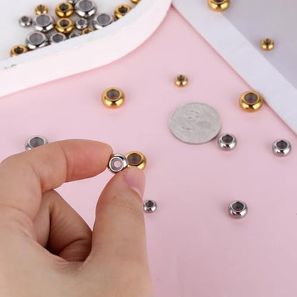 30Pcs Stainless Steel Stopper Beads for Charm Bracelets, Adjustable Slider Beads Spacer Beads Metal Loose Beads Gold and Silver 6/8/10mm with Insert Rubber Locating Rings for DIY Jewelry Making - color: Gold + Silver
