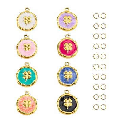 UMAOKANG 8 Mixed Color Enamel Charm, Gold Plated Stainless Steel Round Clover Bulk Charms Pendants DIY for Necklace Bracelet Jewelry Making Crafting - color: Round Clover