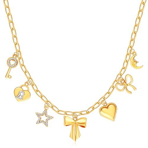 Charm Necklace for Women Gold Evil Eye Sun Moon Flower Coin Pendant Necklace Dainty Paperclip Chain Vintage Luck Amulet Choker Necklaces Celestial Jewelry Gift - style: 7 Charms- Bow, Star, Heart