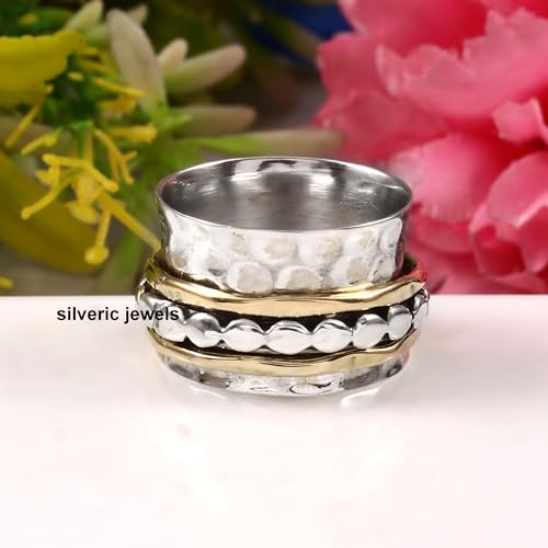 Hammered 925 Sterling Silver Designer Band Spinner Ring For Amazin Handmade Two Tone Meditation Ring For Her Silver Anxiety Bridesmaid Ring - size: 11