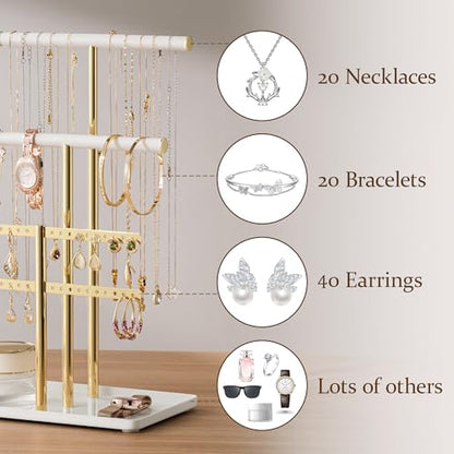 pickpiff Jewelry Holder Organizer with Velvet, Adjustable 10"-17" Tall, Metal Stand for Display Bracelet, Necklace, Earrings, Rings, White and Gold