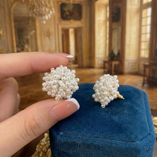 Pearl Cluster Stud Earrings for Women, Cream White Simulated Pearl Statement Earrings, Elegant Chunky Jewelry for Wedding Bride Bridesmaid Prom Party Gifts