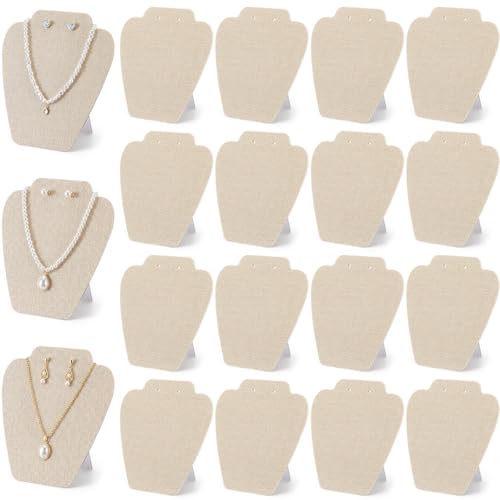 Wenqik 24 Pcs Foldable Necklace Display Stand Bulk for Vendor 7.38x8.25in Beige Linen Jewelry Bust Holder with Earring Holes - color: Light Color