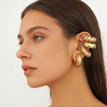 4pcs Chunky Gold Silver Ear Cuff Set for Women Punk Metallic Twist Non Piercing Clip Cuff Earrings Trendy Jewelry Set for Daily Party - style: style A