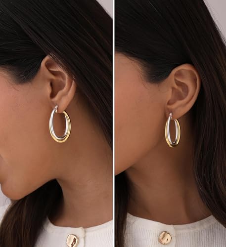 LeCalla 925 Sterling Silver Chunky Hoop Earrings | 14K Two-Tone Three-Tone Hoop Earrings | Intertwining Oval Shape Polished Twisted Hoop Earrings for Women - color: Chunky Two-Tone 35mm