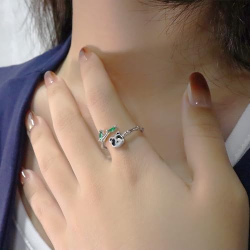 Adjustable Leaf Stackable Rings for Women Cubic Zirconia Stones Blue Leaves Purple Flower Open Band Stacking Finger Sliver Rings Fashion Plant Floral Aesthetic CZ Jewelry - color: bamboo panda