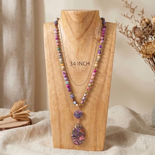 Gmai Boho Necklace for Women Long Beaded Pendant Necklace Natural Stone Teardrop pendant Jewelry Festival Vacation Gift Everyday Handmade Unique Statement Necklace - color: Purple