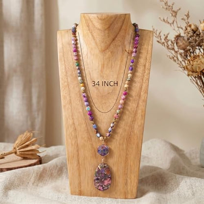 Gmai Boho Necklace for Women Long Beaded Pendant Necklace Natural Stone Teardrop pendant Jewelry Festival Vacation Gift Everyday Handmade Unique Statement Necklace - color: Purple