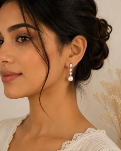 Pearl Earrings for Women, 14k Gold Plated Trendy Diamond Pearl Drop Earrings Hypoallergenic Dainty Bridal Gifts Wedding jewelry for Women - color: Gold-Pearl Style C