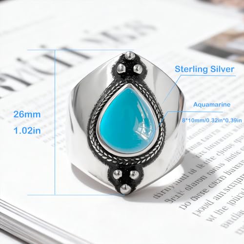 Natural Waterdrop Stone Wide Band Ring,Sterling Silver Genuine Teardrop Crystal Quartz Gemstone Statement Wide Chunky Full Finger Band Ring for Women - color: A02_Aquamarine