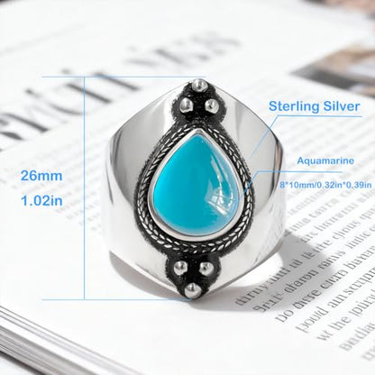Natural Waterdrop Stone Wide Band Ring,Sterling Silver Genuine Teardrop Crystal Quartz Gemstone Statement Wide Chunky Full Finger Band Ring for Women - color: A02_Aquamarine