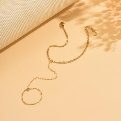 Gold Hand Chain Bracelet for Women 18K Gold Plated Stainless Steel Ring Bracelet Hand Chain with Pearl Star CZ Adjustable Hand Jewelry Chain Gifts - color: Y 2Layered Lip-Gold