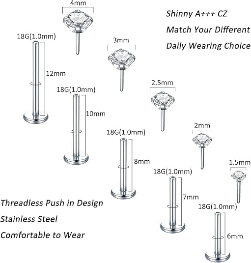 Aumeo 20G 18G 16G Threadless Push in Nose Rings Studs Surgical Steel Labret Jewelry Monroe Lip Rings Studs Medusa Ashley Piercing Jewelry for Women - color: Silver, size: 18g*6/7/8/10/12mm+grabber tool