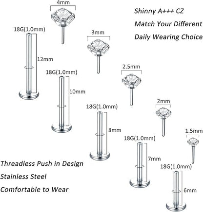 Aumeo 20G 18G 16G Threadless Push in Nose Rings Studs Surgical Steel Labret Jewelry Monroe Lip Rings Studs Medusa Ashley Piercing Jewelry for Women - color: Silver, size: 18g*6/7/8/10/12mm+grabber tool