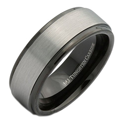 Tungsten Carbide Wedding Bands That Feature Different Finishes and Edge Colors - color: Black/Silver Brushed-8mm