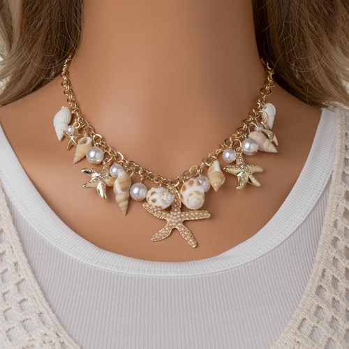 Spiritrain Handmade Starfish Seashell Pearl Bracelets for Women Gold Plated Bohemian Charm Sea Shell Couch Beads Adjustable Chain Anklet Bracelets Hawaiian Beach Holiday Mermaid Costume Jewelry Gifts - color: Gold jewelry set