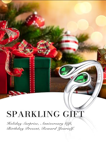 Bestyle Silver Birthstone Ring for Women, Dainty Sterling Silver Teardrop Ring Open Adjustable Band Ring, Love Statement TOI et Moi Ring Promise Ring for Her - color: 05.May( Emerald)