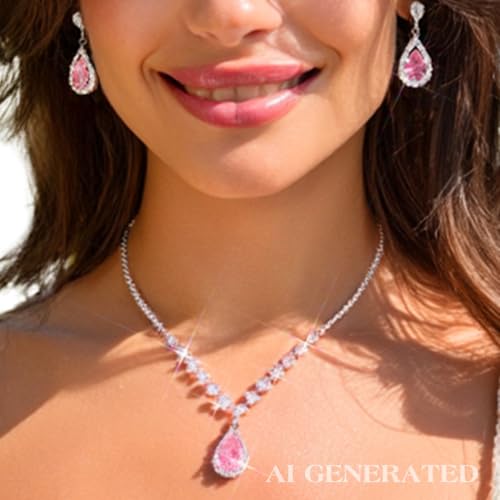 JAKAWIN Silver Rhinestone Jewelry Set Wedding Necklace Earrings for Women - color: G Pink