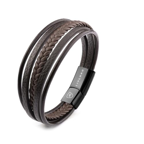 LONDON Mens Bracelet Leather Black Multi-Layer Stone Beads Adjustable Steel Clasp Viking Rope Bands Surfer Man Wristband Male UK Jewellery Gift box Boyfriend Dad Son Brother Tiger Eye - color: D. 19-22cm Brown Leather Adjustable, size: Small to Medium 18-