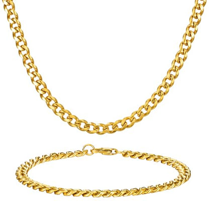 NORBU Stainless Steel Cuban Link Chain and Bracelet Set for Men, Chains 3.5mm/5mm/7mm Width, Bracelet 7 1/2" and 8" Length, No Tarnish & Durable Mens Jewelry - size: 20"Chain & 8"Bracelet, style: Cuban Set - 5mm