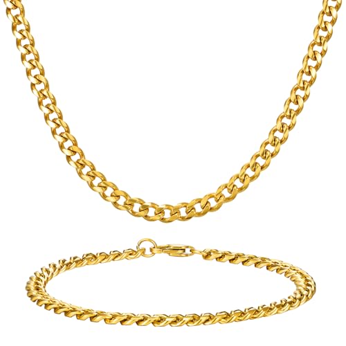 NORBU Stainless Steel Cuban Link Chain and Bracelet Set for Men, Chains 3.5mm/5mm/7mm Width, Bracelet 7 1/2" and 8" Length, No Tarnish & Durable Mens Jewelry - size: 20"Chain & 8"Bracelet, style: Cuban Set - 5mm