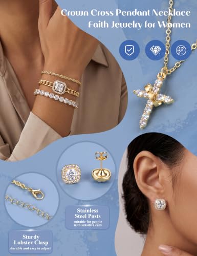 Jewelry Set for Women, 7 Pcs Necklace Earrings Bracelet Set | Crown Cross Necklace,CZ Stud Earrings,Layered Bracelets,Accessories,Adjustable Jewelry,Wedding and Daily Wear,Gold & Silver - color: GOLD