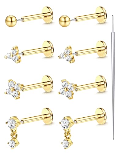 LOLIAS 18K Gold Plated Threadless Flat Back Earrings Studs Hypoallergenic | 316L Surgical Steel Push in Nose Rings Studs 20G CZ Tragus Cartilage Helix Conch Lip Labret Medusa Nostril Piercing Jewelry - color: 18K Gold Plated, size: 16G(1.2mm)-Flower&Ball&