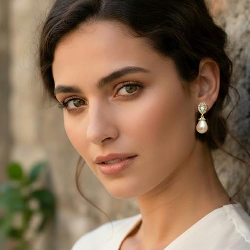 Mariell Pearl Bridal Wedding Drop Earrings with CZ Crystals for Brides, Bridesmaids, Birthday Gift - color: Gold - Clear Cubic Zirconia