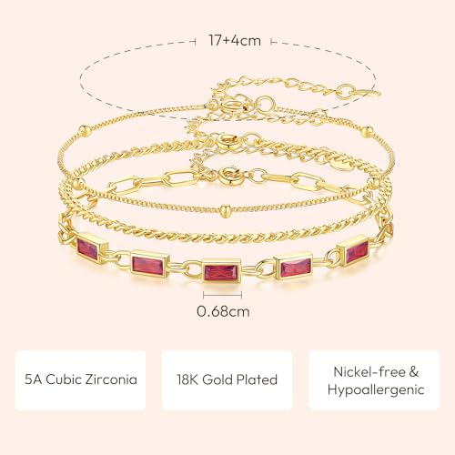 Gold Birthstone Bracelet for Women, 18K Gold Plated Layered Jewelry Bracelet Set, Womens Dainty Stackable Bracelets Link Paperclip Chain Valentines Day Gift for Wife Her - color: Gold-01-Jan./07-Jul.