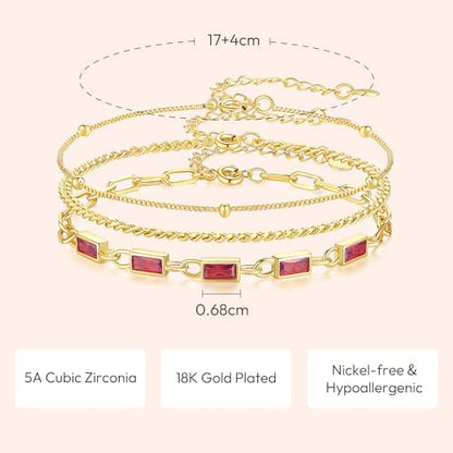 Gold Birthstone Bracelet for Women, 18K Gold Plated Layered Jewelry Bracelet Set, Womens Dainty Stackable Bracelets Link Paperclip Chain Valentines Day Gift for Wife Her - color: Gold-01-Jan./07-Jul.