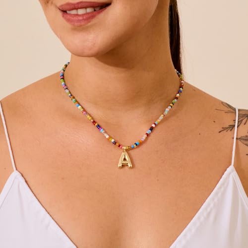 VRIUA Colorful Initial Necklaces for Women – Bubble Letter A-Z Necklace Handmade Beaded Necklace Dainty Initial Necklaces for Girls Kids - Teen Girls Gifts Trendy Jewelry - color: Gold, style: A.