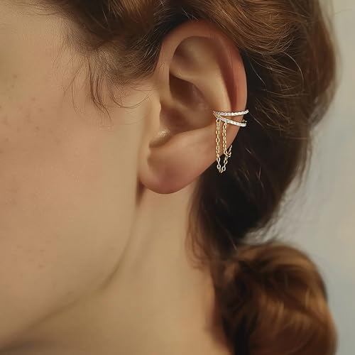 925 Sliver Sterling CZ Ear Cuff Tassels Wrap Clip Earrings for Women 14k Gold Plated No Piercing Cuff Earrings Chain to Daughter Wrap Earrings Tassel Clip On Ear Wedding Birthday Jewelry Gift
