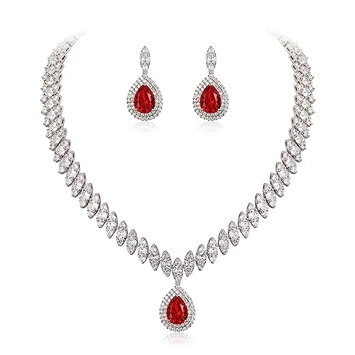 EVER FAITH CZ Marquise Leaf Teardrop Wedding Prom Jewelry Set for Women | Birthstone Pendant Necklace Dangle Earrings - color: Red