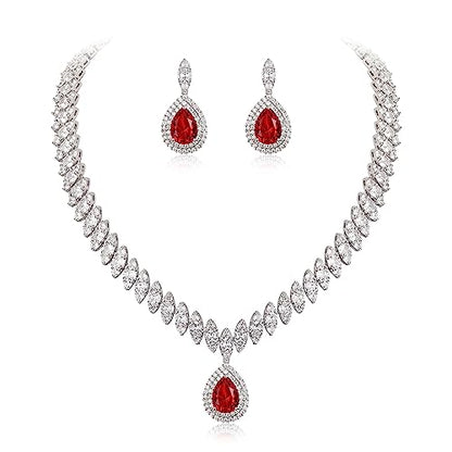 EVER FAITH CZ Marquise Leaf Teardrop Wedding Prom Jewelry Set for Women | Birthstone Pendant Necklace Dangle Earrings - color: Red
