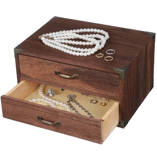 Alipis Vintage Wooden Drawer Storage Box 2 Drawer Desktop Organizer for Office Supplies Jewelry Makeup and Stationery Compact Tabletop Storage Case for Home Dorm or Office 9.44 X 6.29 X 5.11 in - color: Coffee 1, size: 24.00X18.00X13.00CM