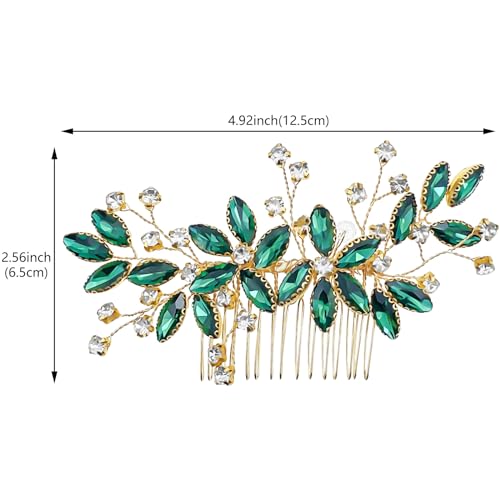 Green Crystal Bride Wedding Hair Side Comb Green Leaf Rhinestone Gold Hair Vine Rhinestone Bride Headpiece Jewelry Wedding Hair Accessories for Women