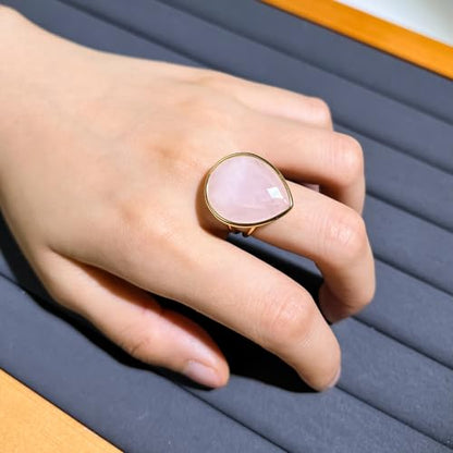Crystal Ring for Women, Natural Rose Quartz Green Fluorite Ring for Her, Teardrop Shape Gemstone Ring, Handmade rose quartz Jewelry Adjustable Ring. - color: Rose Quartz