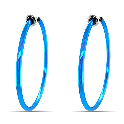 Clip On Spring Hoop Earrings for Non-Pierced Ears - color: Blue, size: 40mm