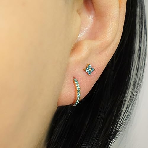 QueenBee 14K Gold Plated Ivy Flower Birthstone Stud Earrings for Women Dainty Floral Gemstone Studs Unique Jewelry Gift for Her - color: Mar-Aquamarine