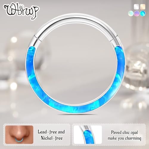 WBRWP 316L Stainless Steel Nose Hoop Rings Clicker with Zircon/Opal 14g-20g | Hypoallergenic Nose Rings Segment Clicker Lip Rings Cartilage Rook Conch Earrings Diameter 5mm-10mm - color: Flat silver ring with blue opal -1pc pack