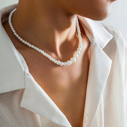Gold/Silver Pearl Necklace for Men Faux Pearl Choker Necklace Beaded Adjustable Chain Gothic Chunky Beaded Statement Hip Hop Rock Party Festival Collar para Hombre Fashion Jewelry Gift for Men - style: Style-D