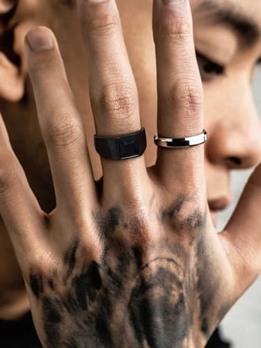 KeyStyle Square Gemstone Signet Rings for Men, Personalized Stainless Steel Pinky Ring with Black Onxy Blue Topaz Birthstone Statement Ring - color: Black -Black Onyx - 8mm